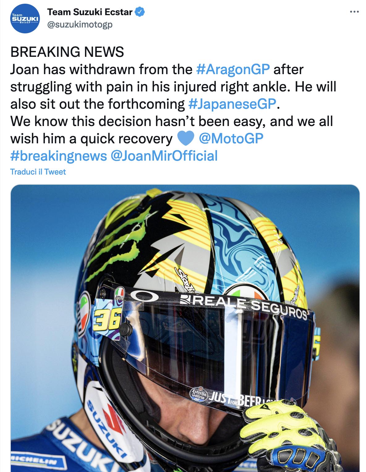 Moto3, Joan Mir desiste: não correrá em Aragão e no Japão