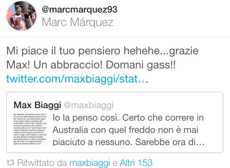 Biaggi twitta, Marquez lo ringrazia