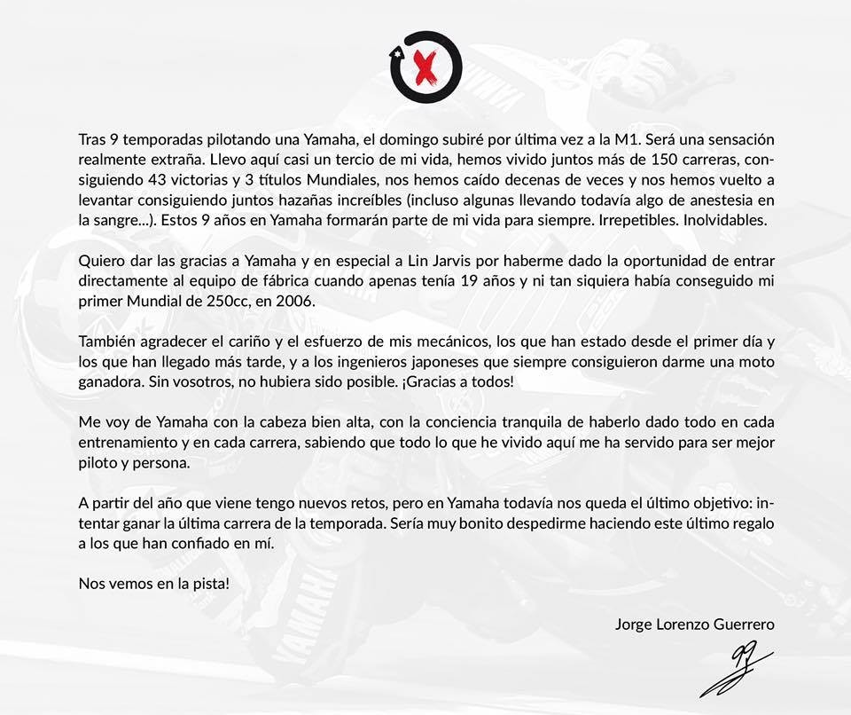 Lorenzo: lettera speciale a Yamaha con una promessa