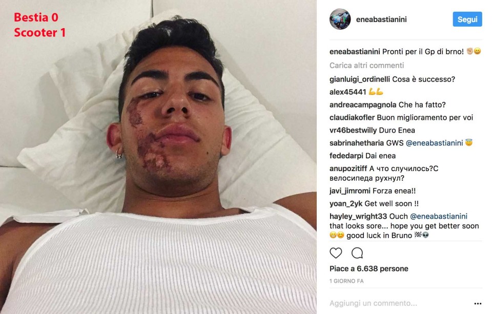 Moto3: 'Bestia' 0 - Scooter 1: Bastianini on the ground with the scooter Moto3: 'Bestia' 0 - Scooter 1: Bastianini on the ground with the scooter