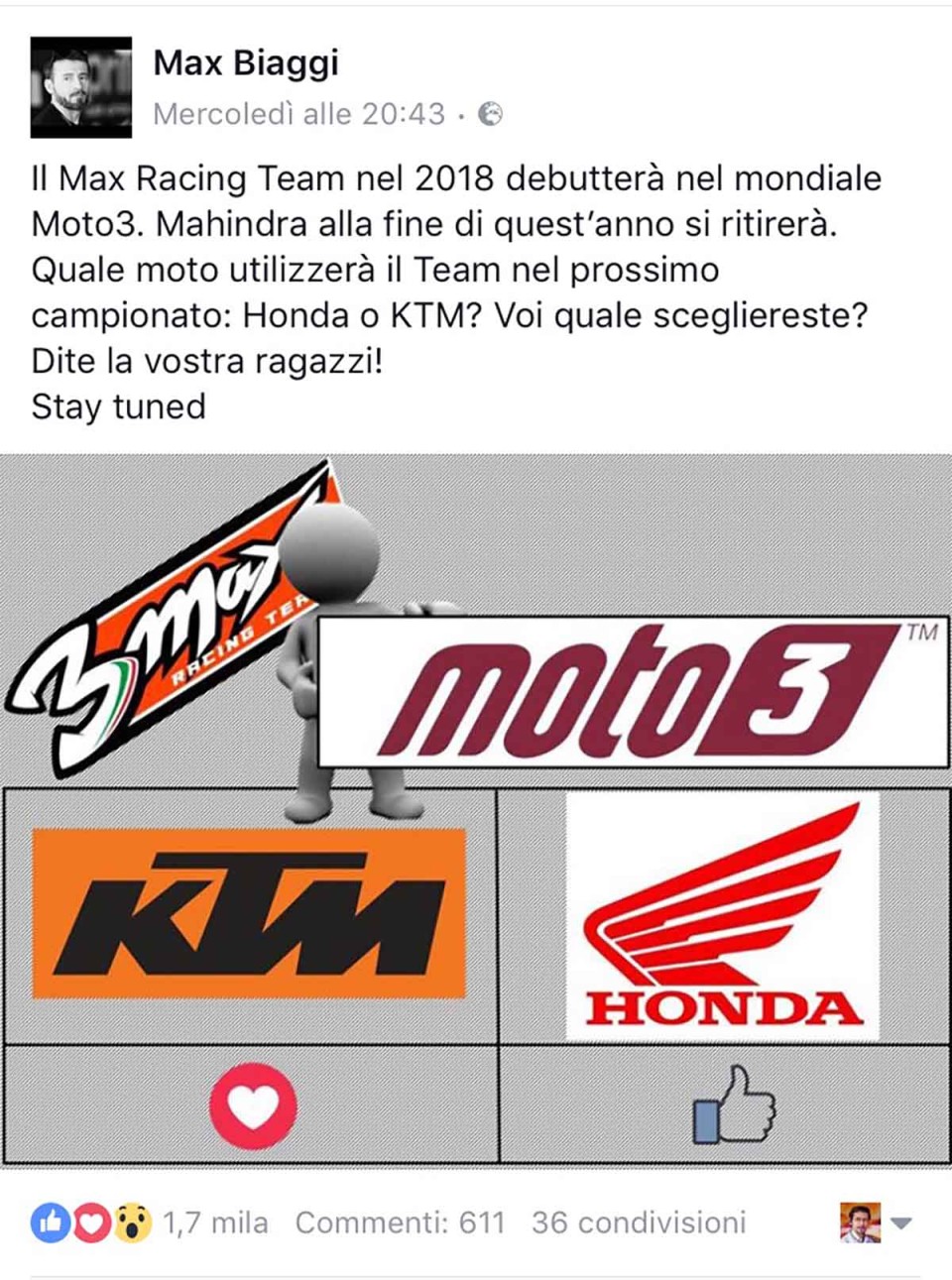 Moto3: Biaggi su Facebook: aiutatemi a scegliere fra Honda e KTM