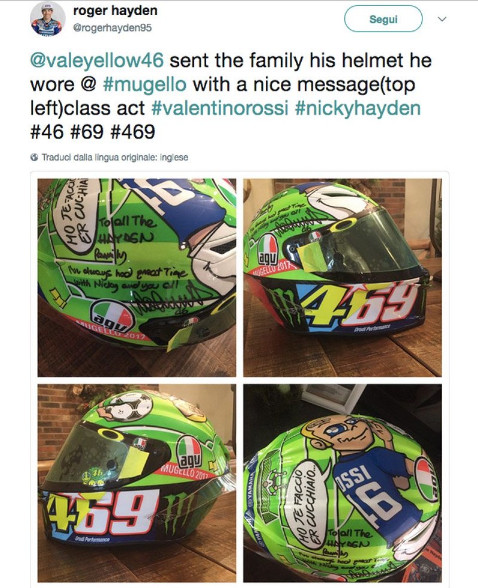 MotoGP: Rossi regala alla famiglia Hayden il casco del Mugello