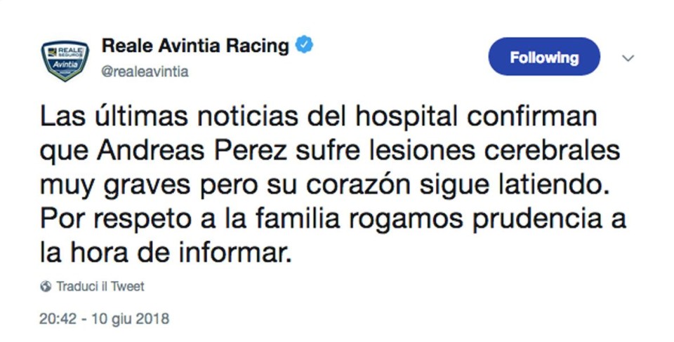 Moto3: CEV: Gravi danni cerebrali per Perez ma il cuore batte