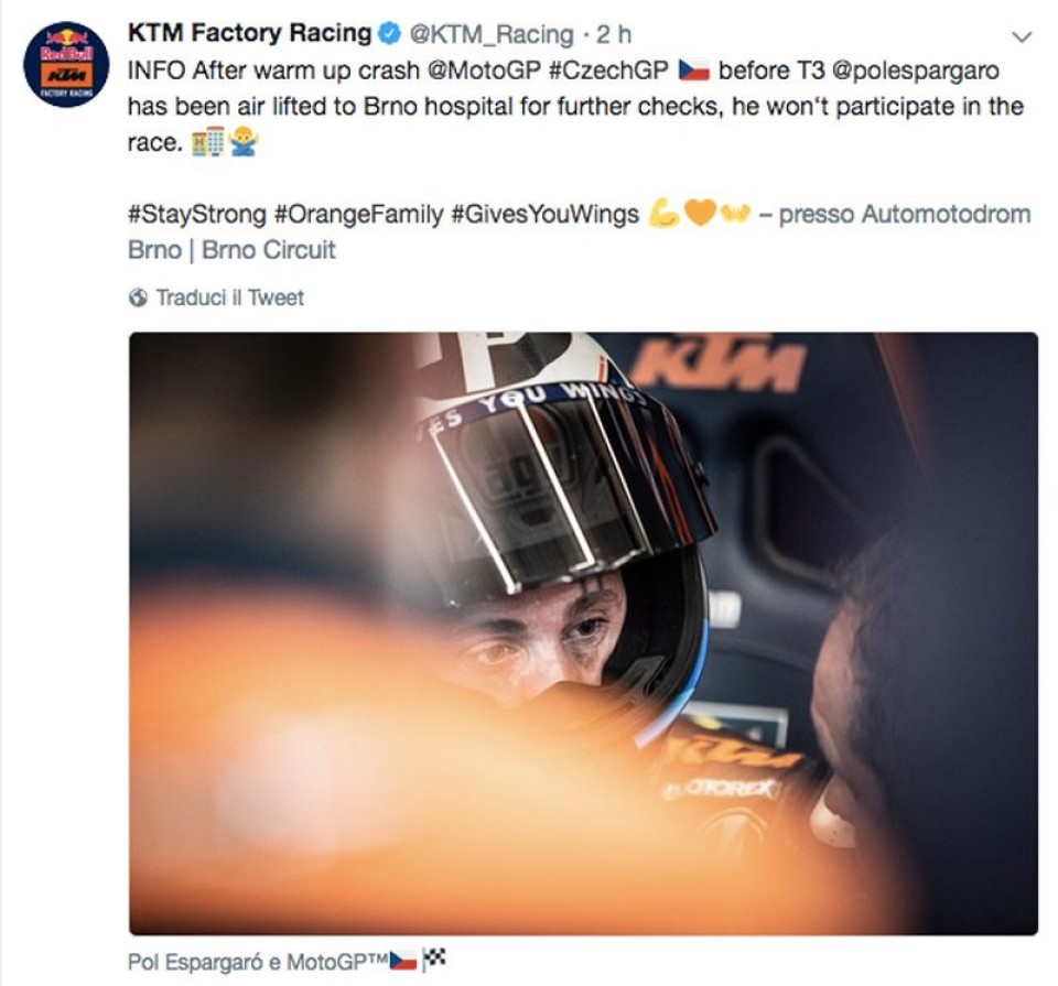 MotoGP: Pol Espargarò in ospedale, non correrà a Brno