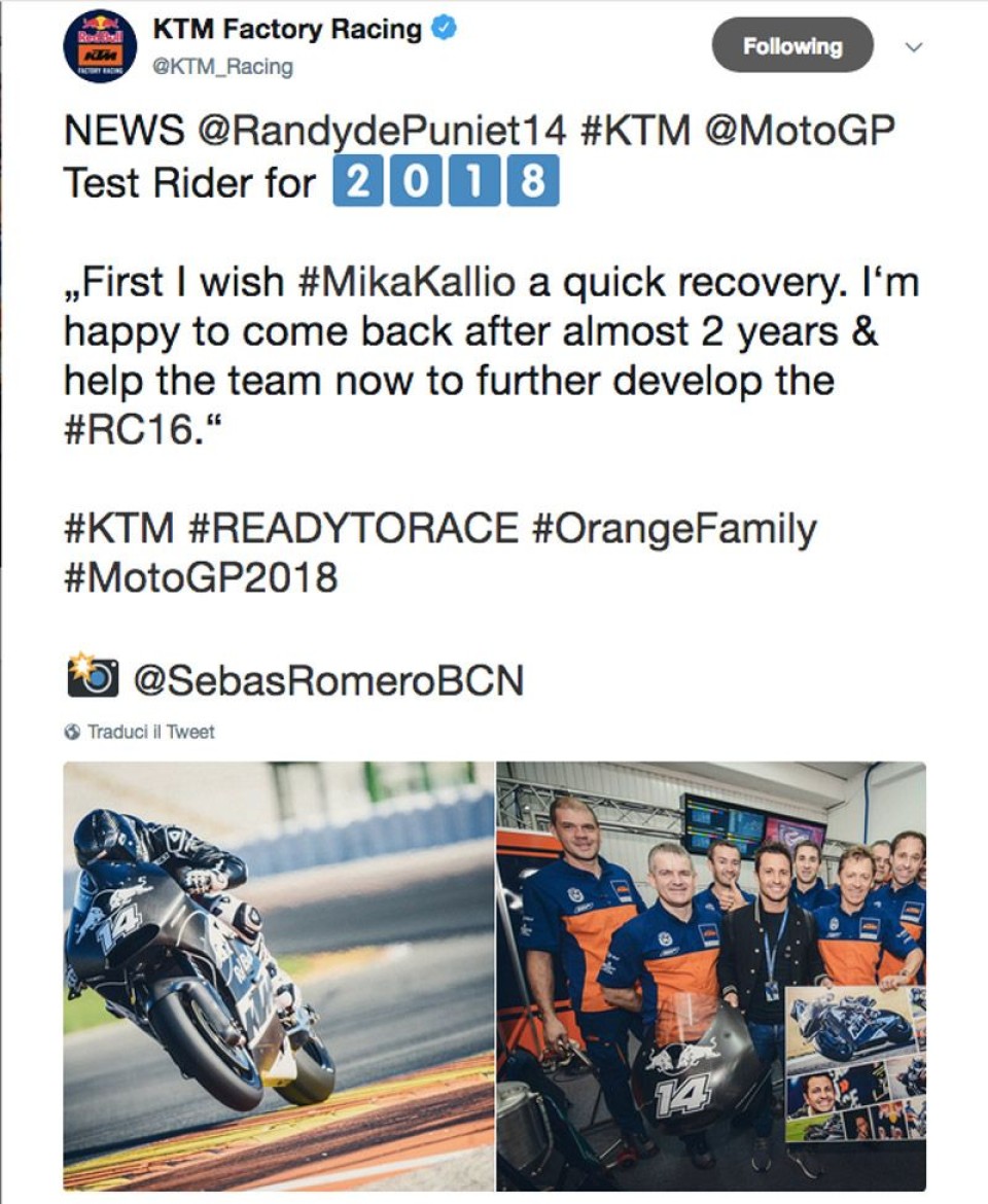 MotoGP: Randy De Puniet tester KTM per il 2018