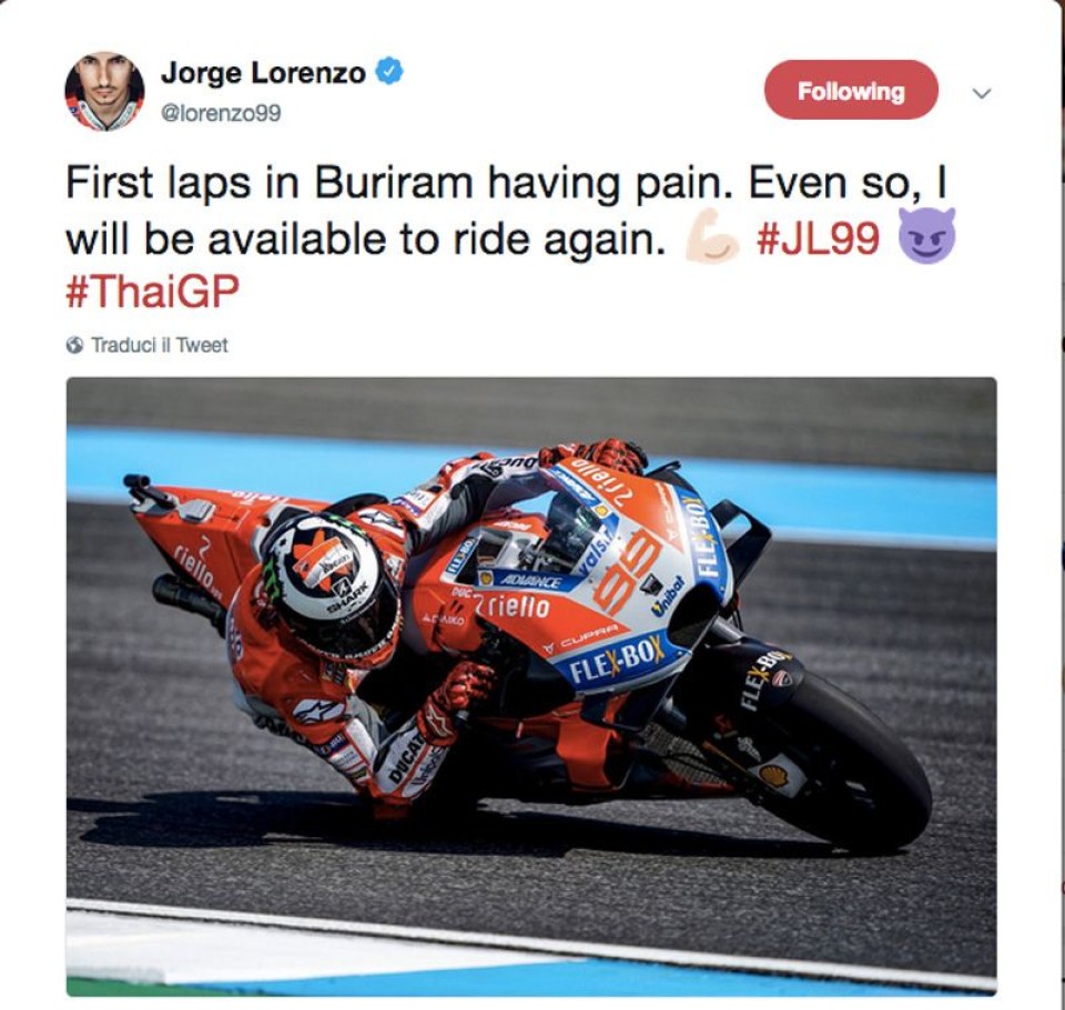 MotoGP: Lorenzo: "Sento dolore ma correrò a Buriram"