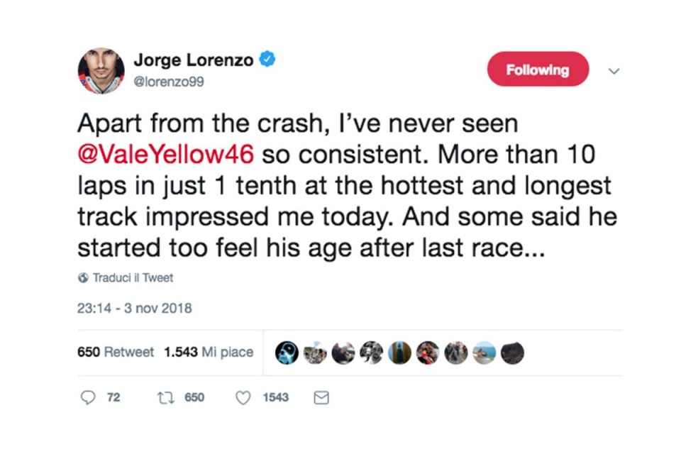 MotoGP: Lorenzo:"Mai visto Rossi così e qualcuno dice che sente l'età.."