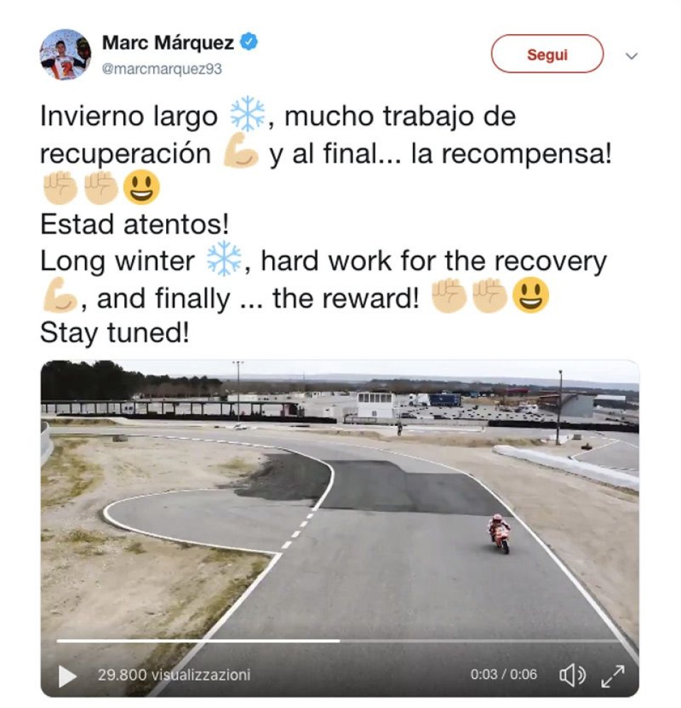 MotoGP: Marquez di nuovo in moto dopo l&#039;operazione