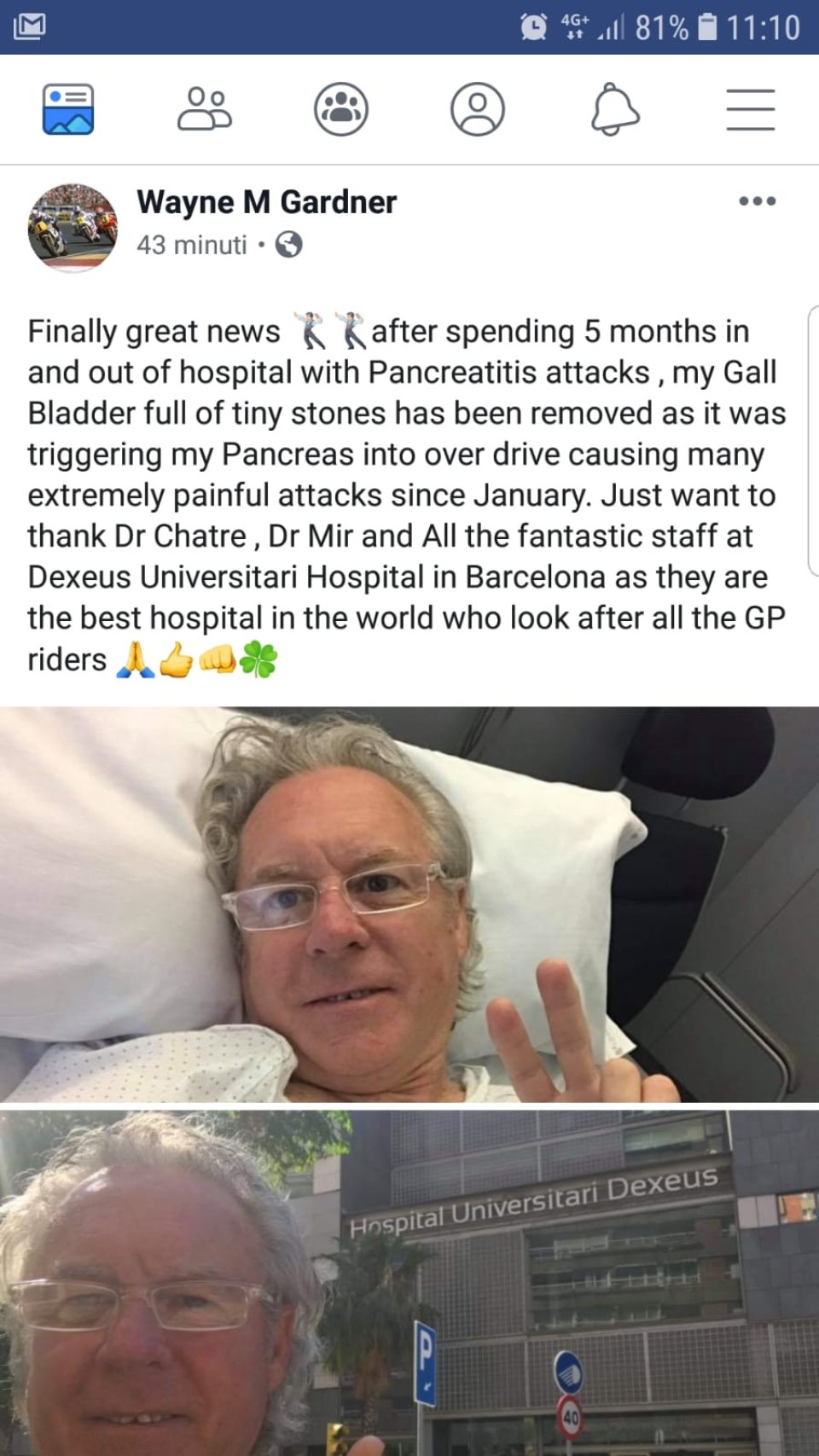 News: Wayne Gardner ringrazia l'Ospedale Dexeus 