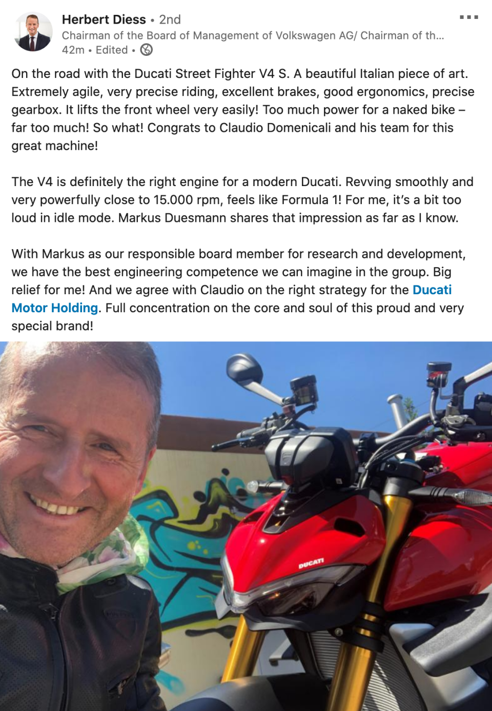 Moto - News: Herbert Diess: Ducati StreetFighter V4S: bellissimo pezzo d'arte italiano.
