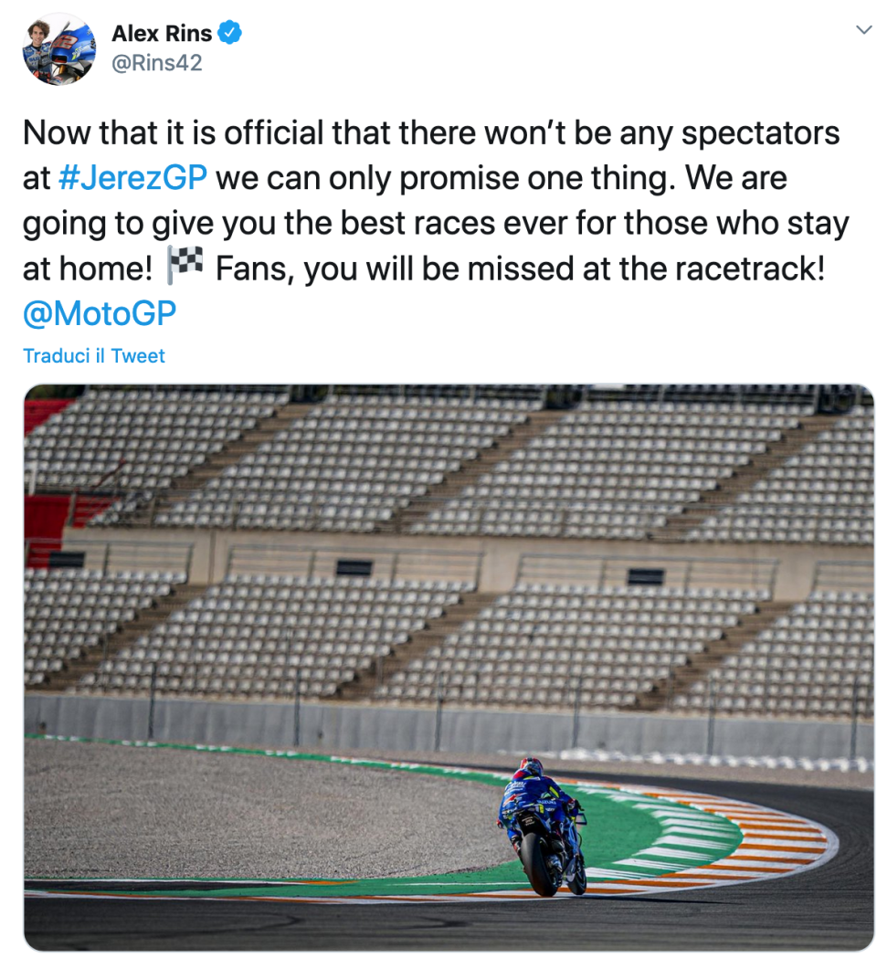 MotoGP: Alex Rins immagina il primo GP senza spettatori con una bella immagine