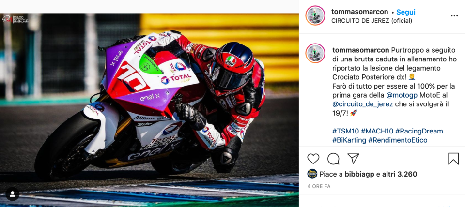 MotoE: Tommaso Marcon infortunato al legamento del ginocchio destro MotoE: Tommaso Marcon infortunato al legamento del ginocchio destro
