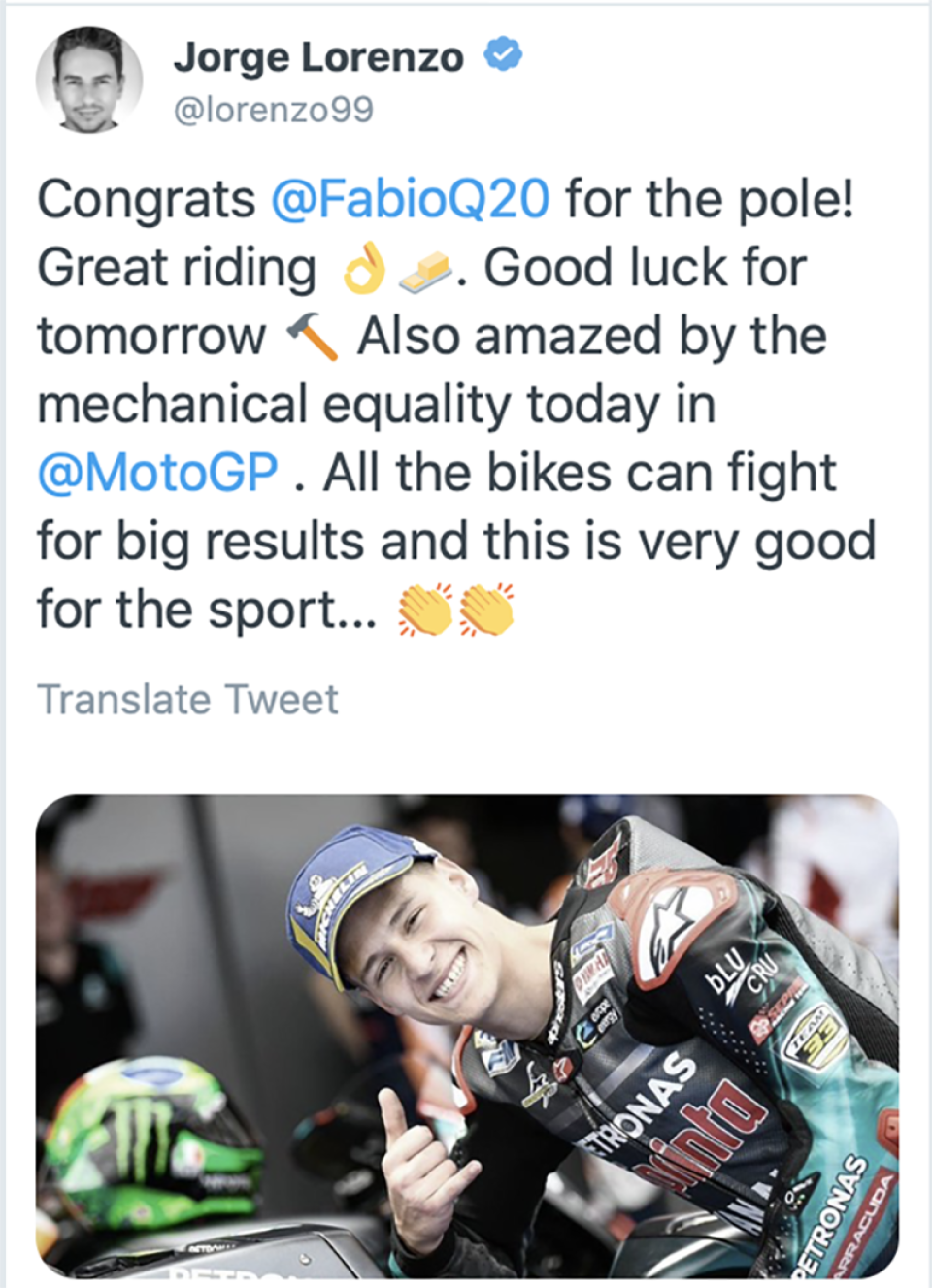 MotoGP: Lorenzo si congratula con Quartararo su Twitter per la pole
