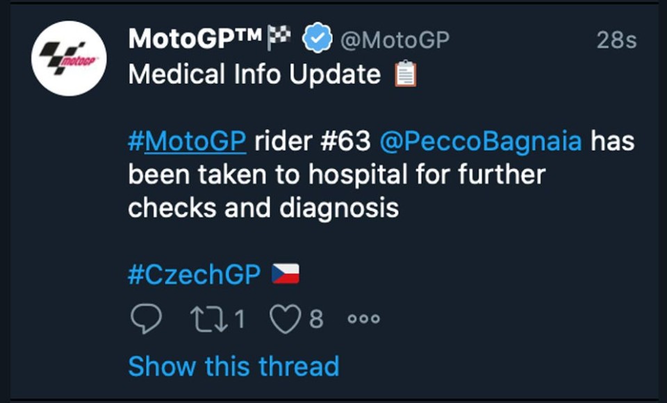MotoGP: Brno: Pecco Bagnaia portato in ospedale per accertamenti