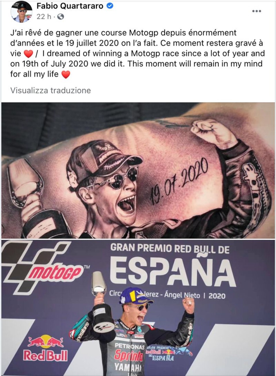 MotoGP: Fabio Quartararo: la vittoria di Jerez diventa un tatuaggio