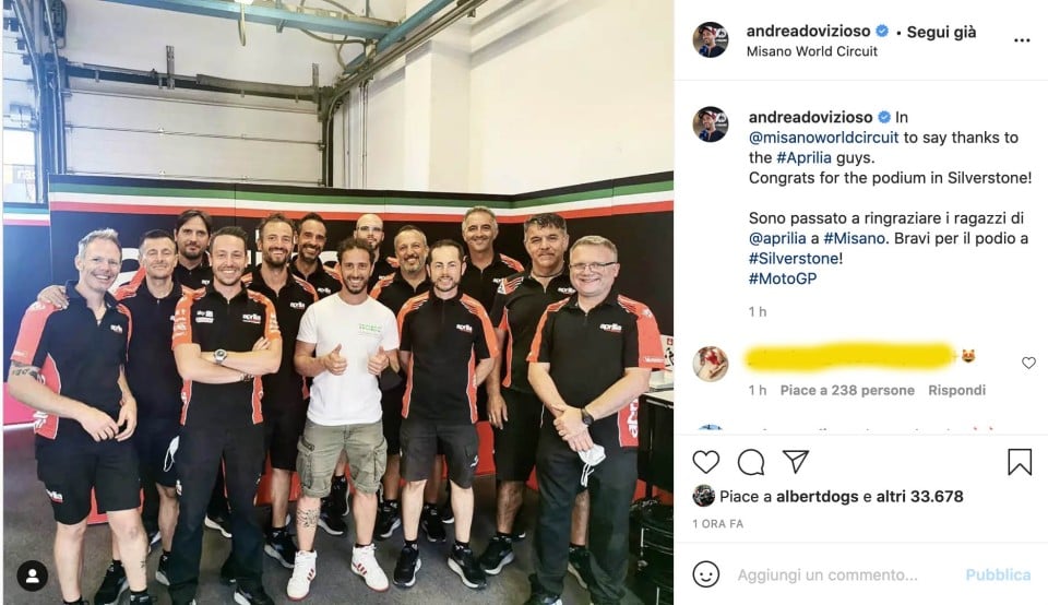 MotoGP: Dovizioso su Instagram ringrazia Aprilia durante i test di Vinales a Misano