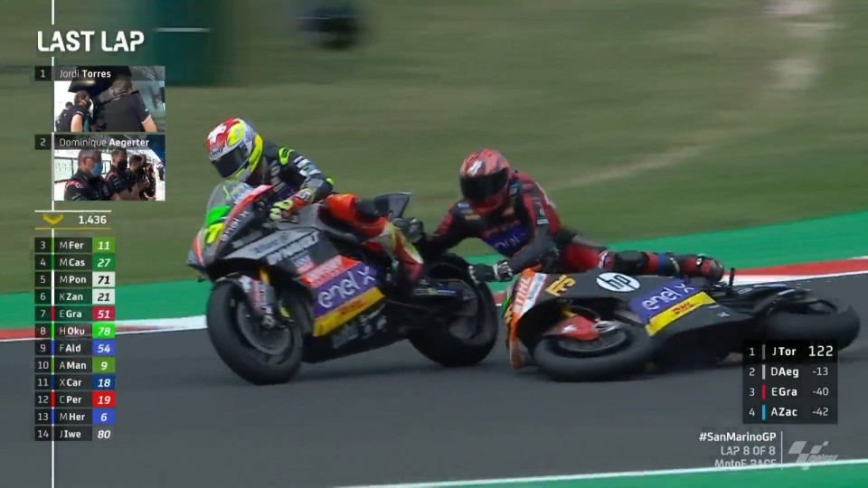 MotoE: VIDEO Aegerter come Capirossi con Harada travolge Torres: penalizzato!