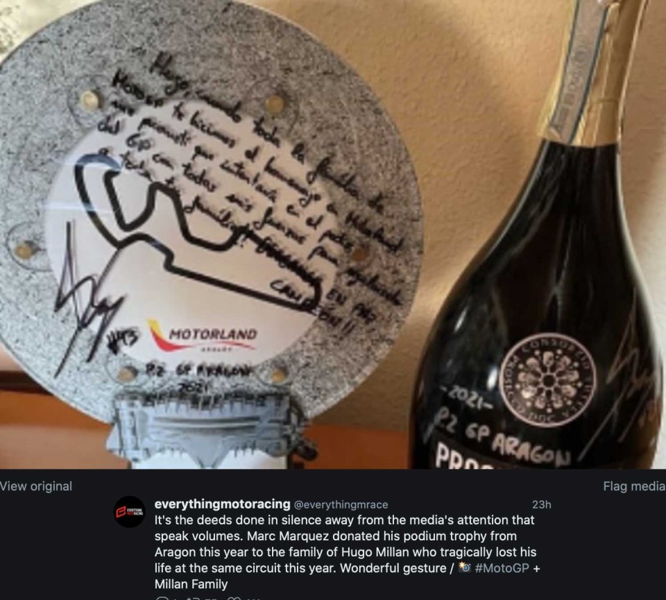MotoGP: Marquez donated his Aragon trophy to Hugo Millan's family MotoGP: Marquez donated his Aragon trophy to Hugo Millan's family