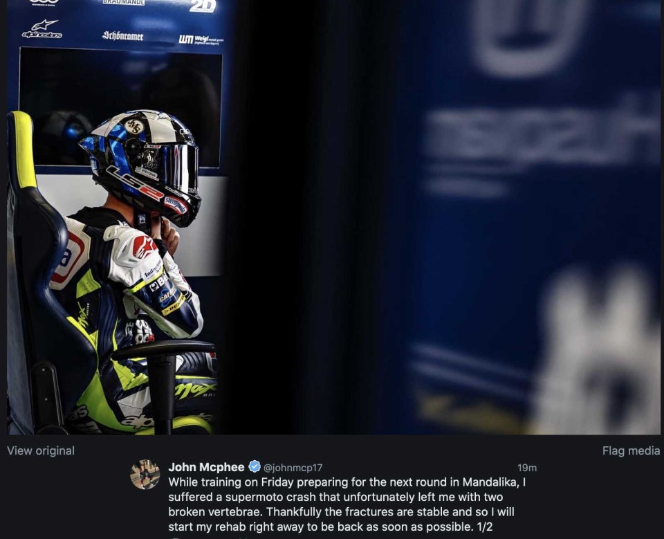 Moto3: Il pilota di Biaggi non correrà a Mandalika: 2 vertebre rotte per McPhee