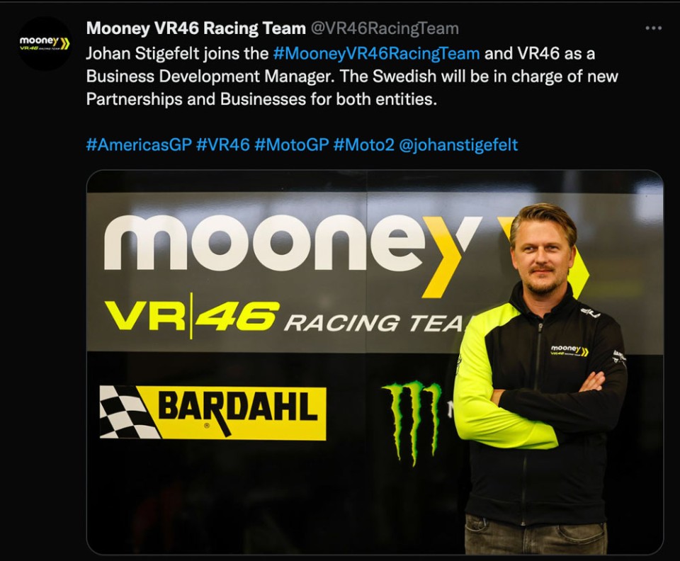 MotoGP: Johan Stigefelt nuovo Business Development Manager del team VR46