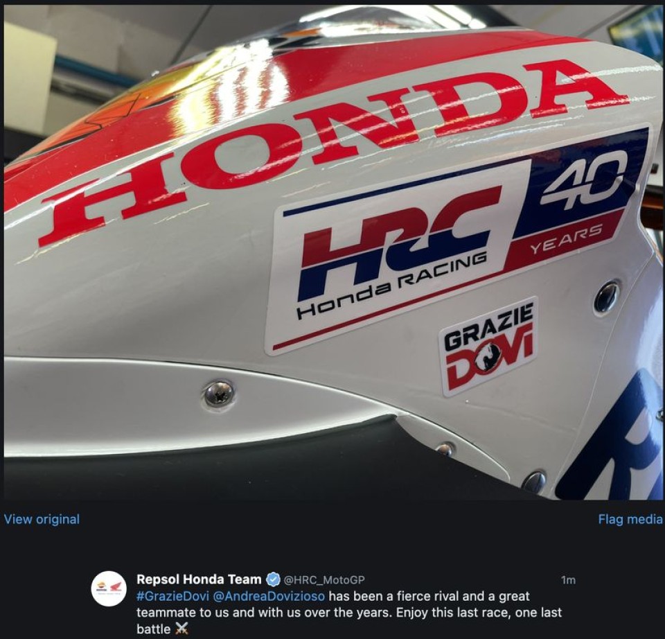 MotoGP: "Grazie Dovi": Honda saluta l'amico e rivale a Misano