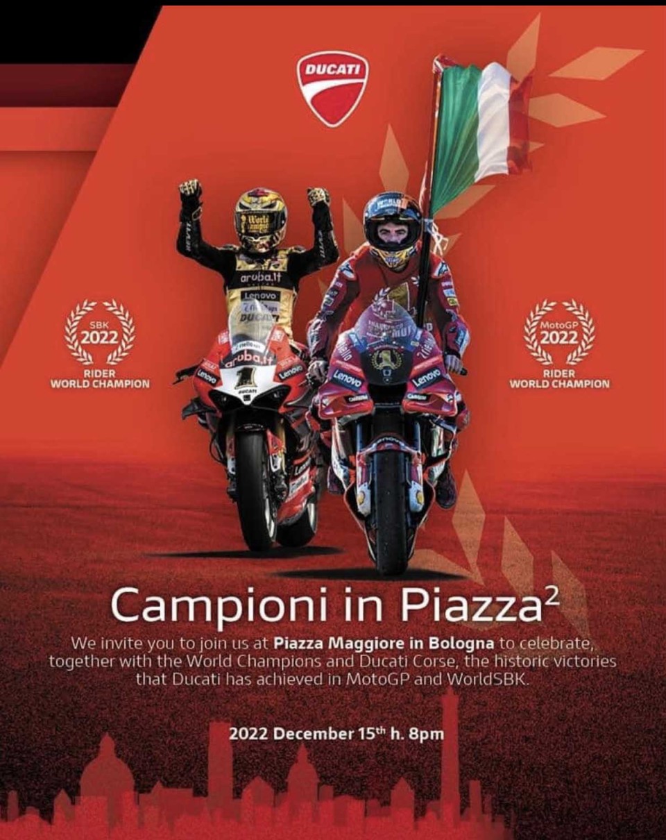 MotoGP: Ducati scende in Piazza (Maggiore) a Bologna il 15 dicembre per  i due mondiali