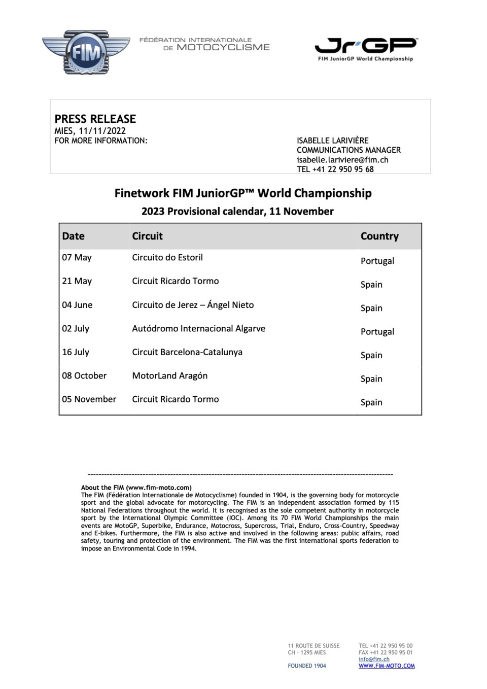 News: Il calendario provvisorio 2023 del Finetwork FIM JuniorGP World Championship 