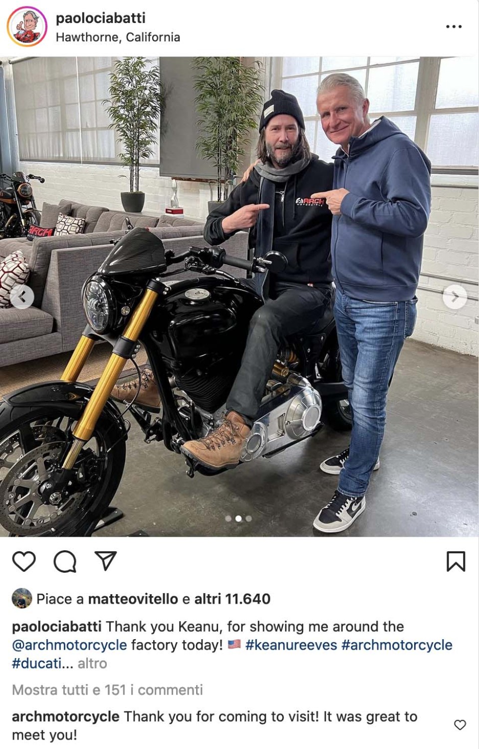 MotoGP: Paolo Ciabatti ospite di Keanu Reeves ad Arch motorcycle in California