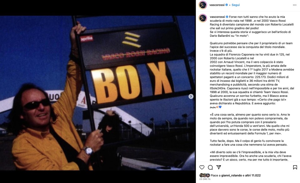 Moto3: Vasco Rossi ricorda su Instagram il titolo iridato di Locatelli nel suo team