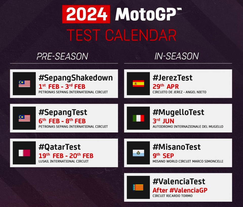 MotoGP: Il calendario dei test 2024: si proverà un giorno in più, al Mugello