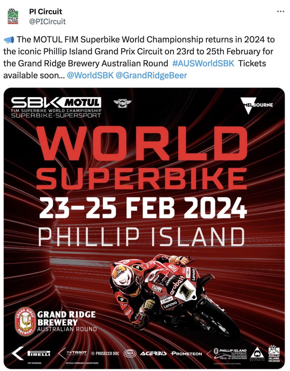 SBK: C'è la data di apertura della Superbike in Australia: il 24-25 febbraio 2024