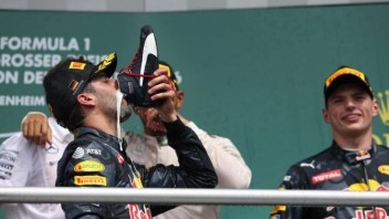 Daniel Ricciardo drinks from a shoe like Jack Miller