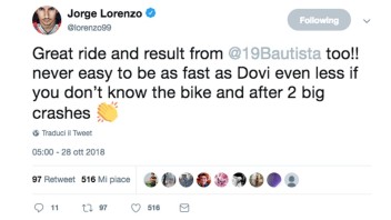 MotoGP: Lorenzo a Bautista: &quot;Gran gara, difficile andare forte come Dovi!&quot;