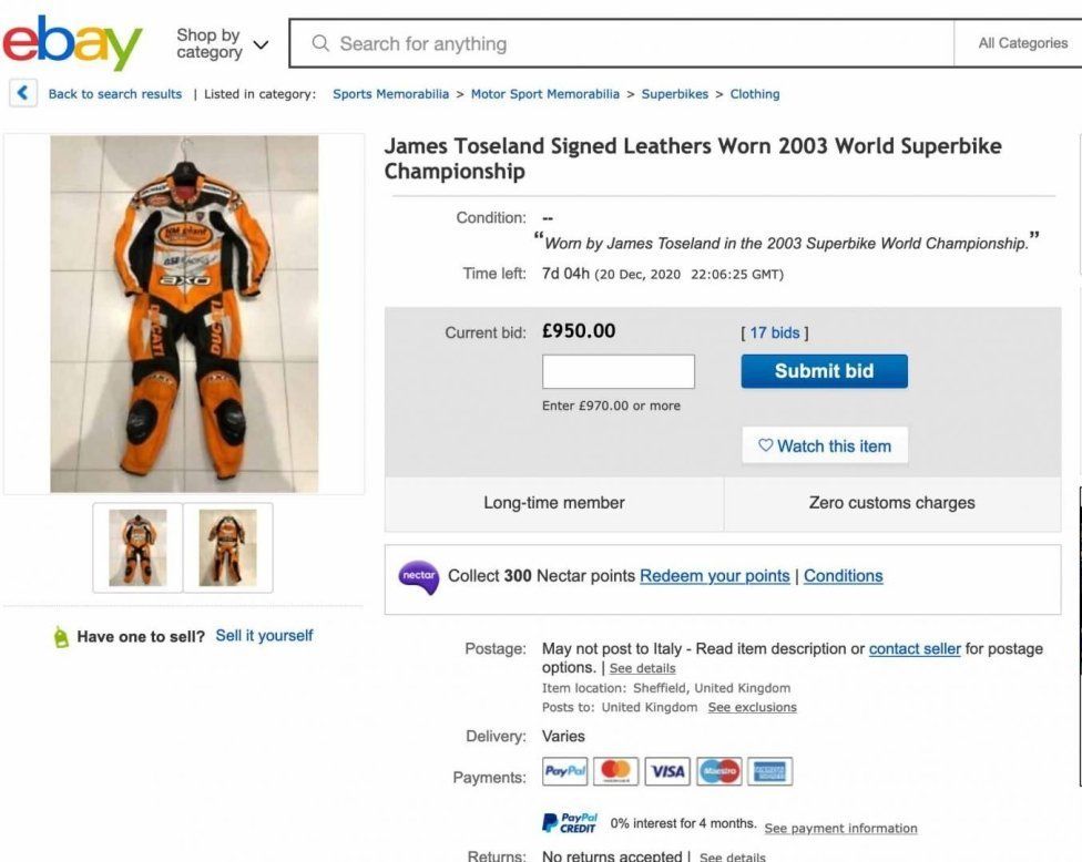 WSBK: Toseland sells his 2003 and 2008 suits on eBay for charity