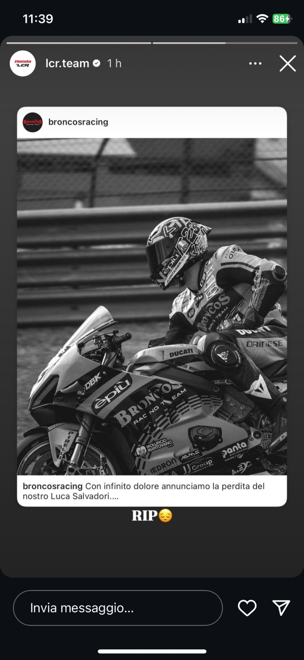 MotoE: Il mondo delle due ruote si stringe sui social per salutare Luca Salvadori