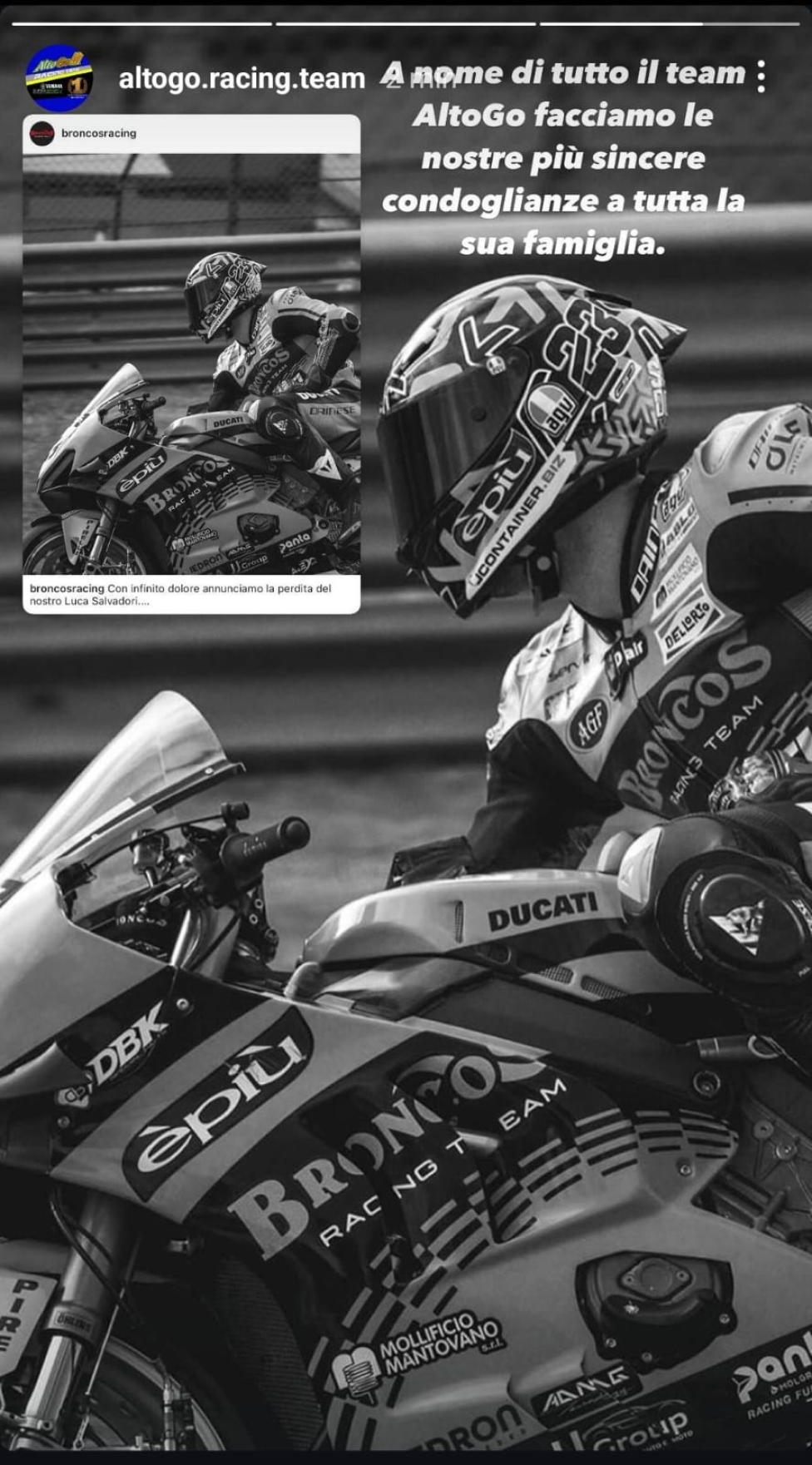 MotoE: Il mondo delle due ruote si stringe sui social per salutare Luca Salvadori