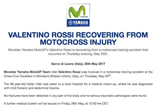MotoGP: UFFICIALE: per Rossi nessuna frattura né trauma grave