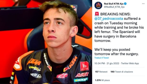 Moto2: ULTIM'ORA - Pedro Acosta si è rotto il femore, domani sarà operato