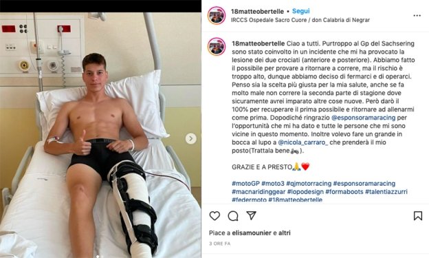 Moto3: Bertelle si ferma: operato ai legamenti del ginocchio, stagione finita