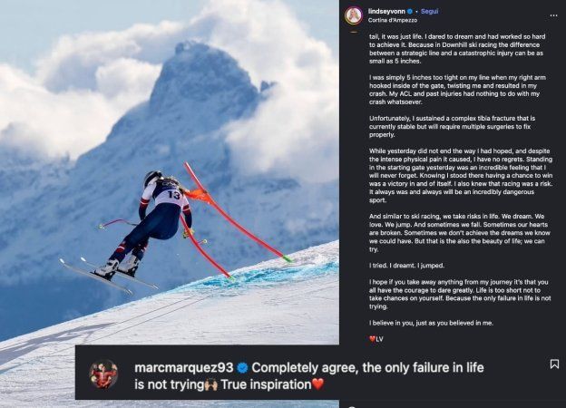 MotoGP: Marc Marquez a Lindsey Vonn: "L'unico fallimento nella vita è non provarci"