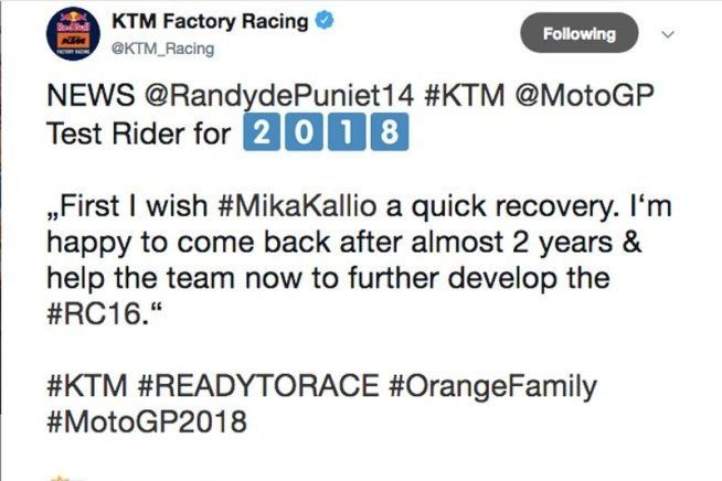 MotoGP: Randy De Puniet tester KTM per il 2018