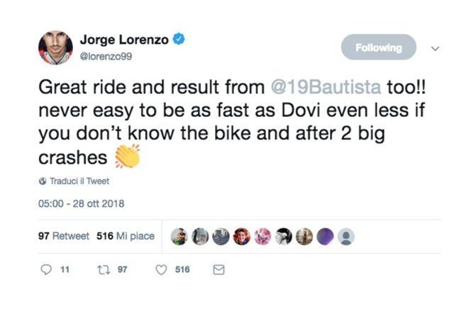 MotoGP: Lorenzo a Bautista: "Gran gara, difficile andare forte come Dovi!"