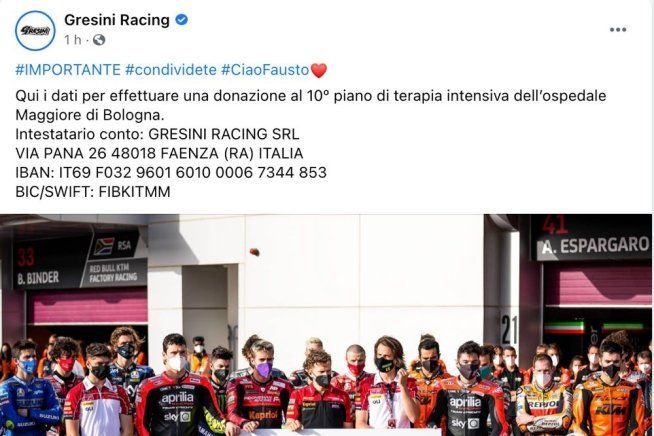 MotoGP: Team Gresini: una campagna di donazioni per l'Ospedale di Bologna