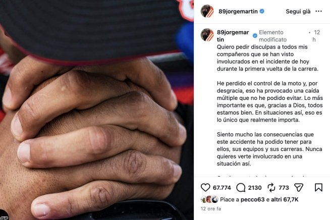 Martin chiede scusa pubblicamente su Instagram, nei commenti i piloti lo perdonano